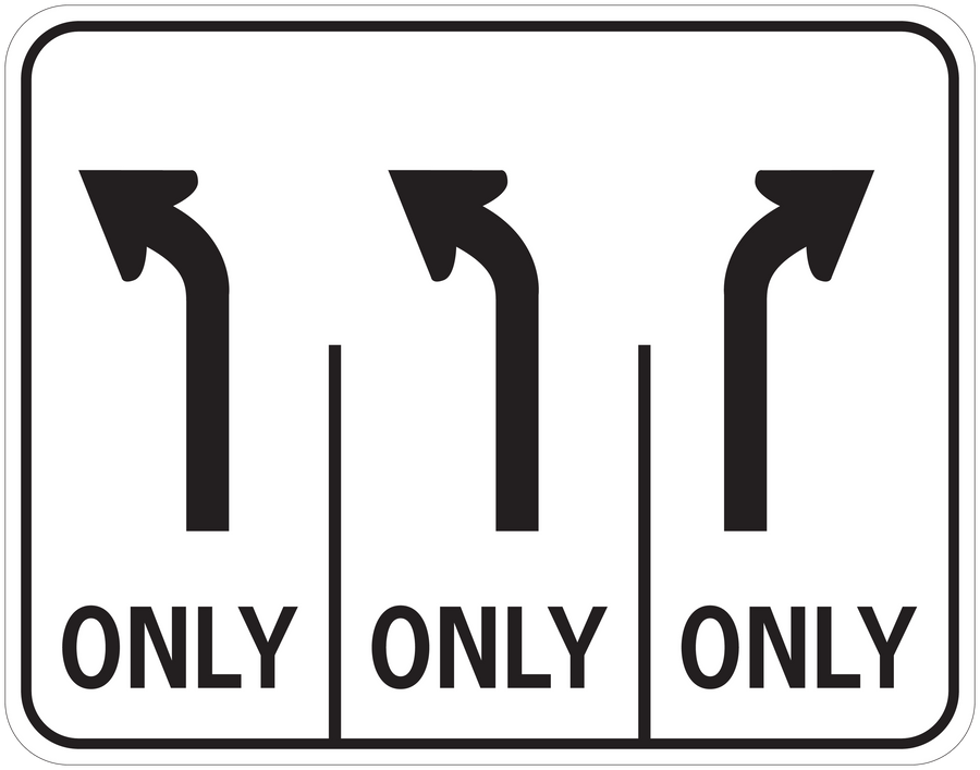 Rectangular road sign sticker with three black turn arrows and 'ONLY' text at bottom