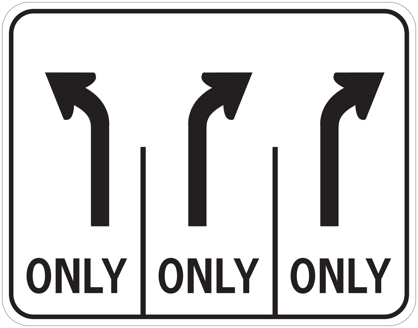 Road sign sticker with three black arrows and three 'ONLY' labels