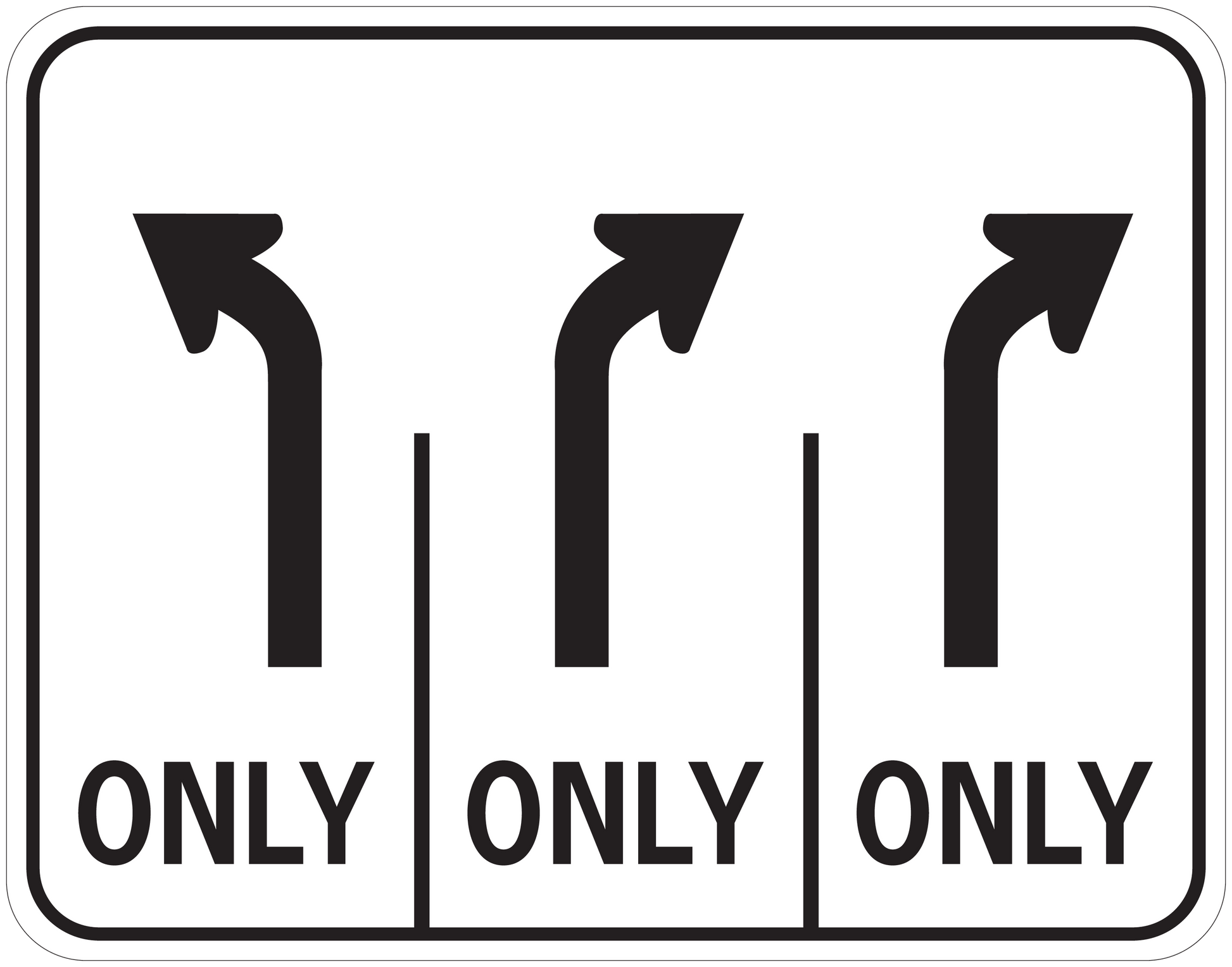 Road sign sticker with three black arrows and three 'ONLY' labels