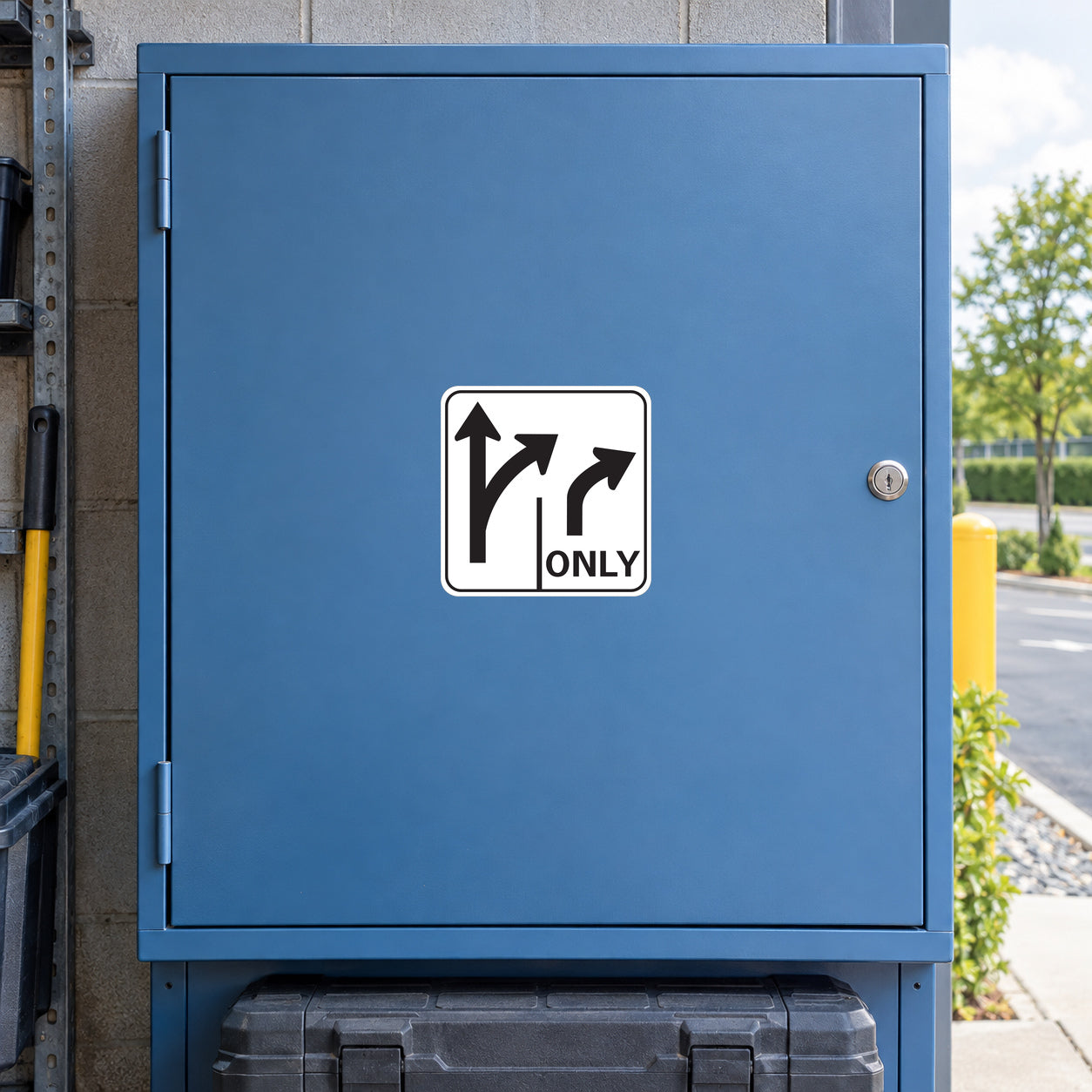 Road sign sticker with white square 'ONLY' arrow symbol