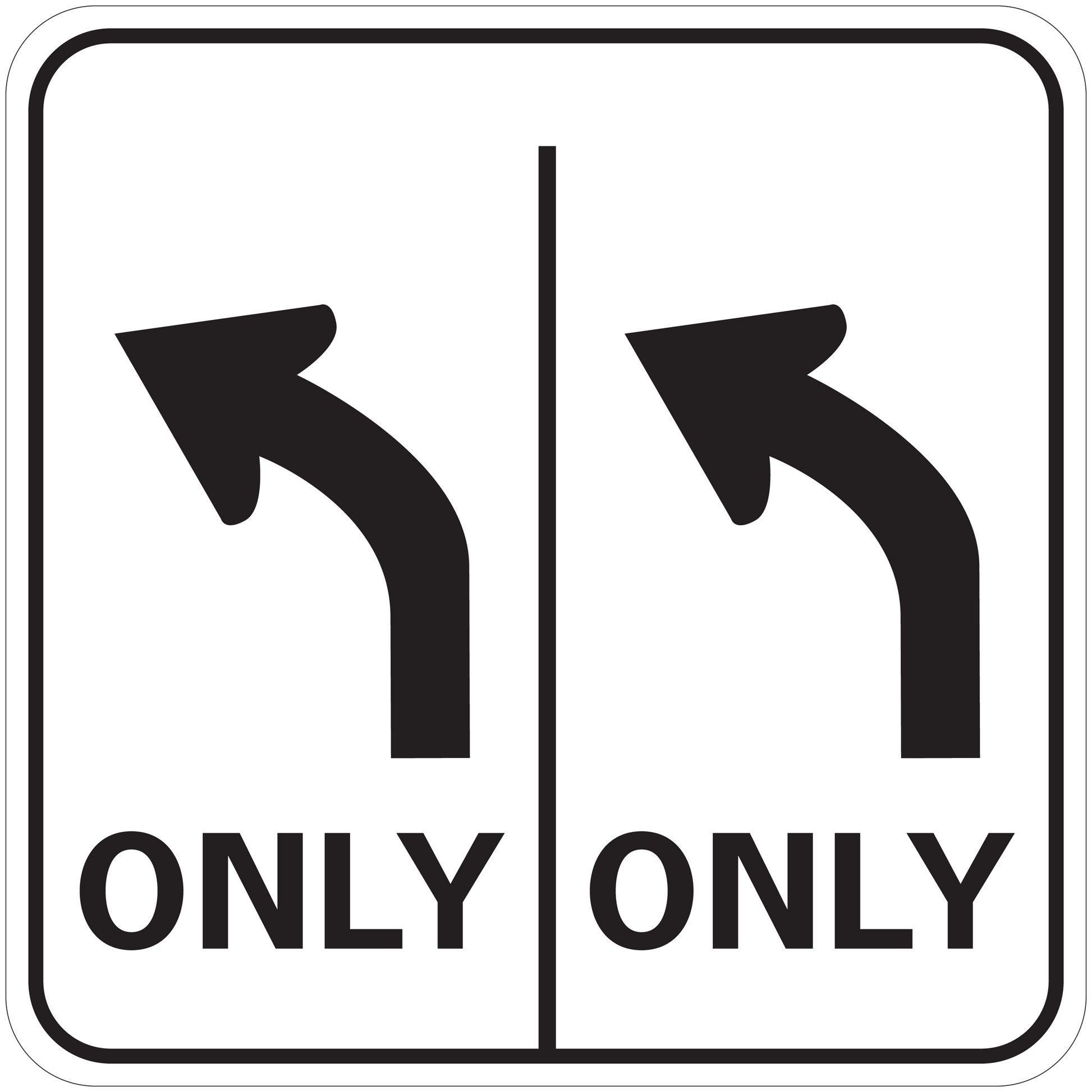 Road sign sticker with black curved arrows and word ONLY on both sides