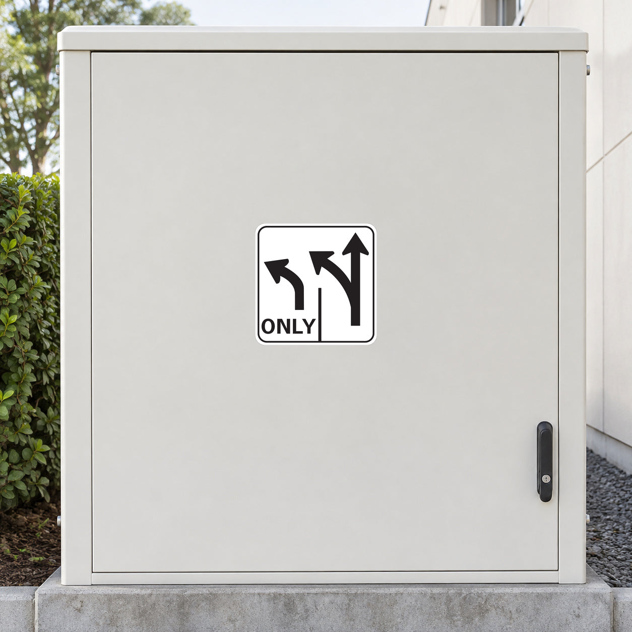 Road sign sticker: black arrows with 'ONLY' text