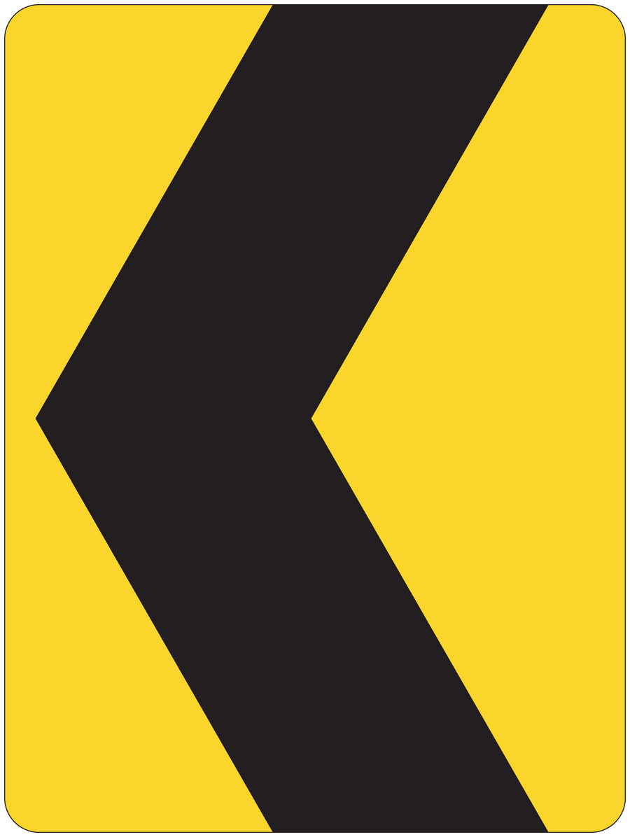 Square road sign sticker with yellow background and black double chevron arrow