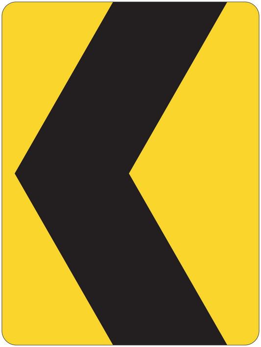 Square road sign sticker with yellow background and black double chevron arrow
