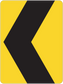 Square road sign sticker with yellow background and black double chevron arrow