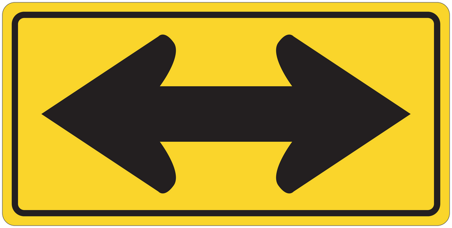 Traffic direction sign sticker with double black arrows on yellow background.