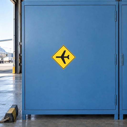 Road sign sticker with yellow diamond and black airplane symbol