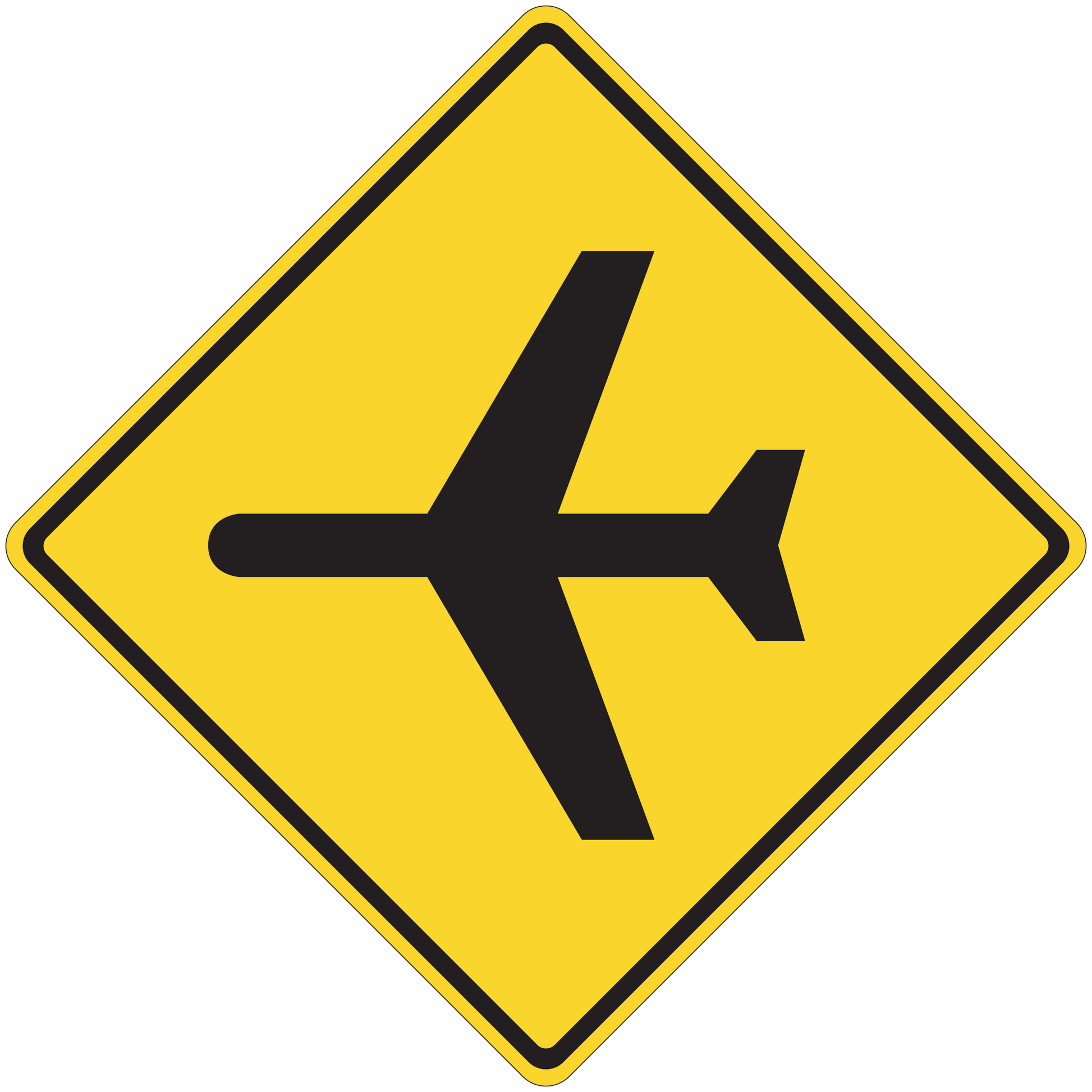 Road sign sticker: yellow diamond with black directional arrows.