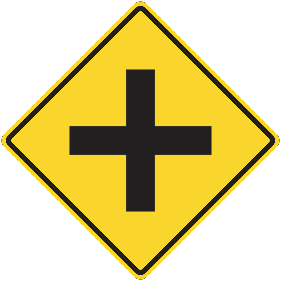 Yellow road sign sticker with black plus-shaped cross inside a diamond border