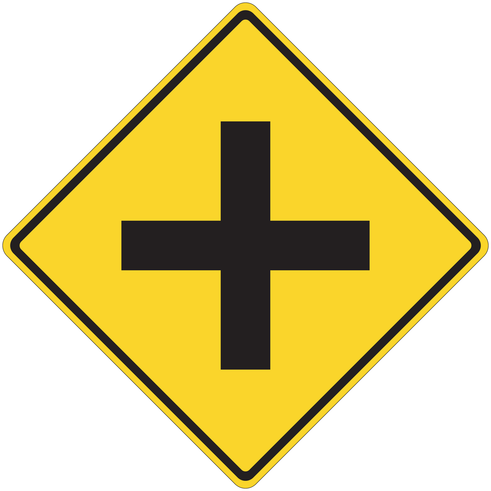 Yellow road sign sticker with black plus-shaped cross inside a diamond border