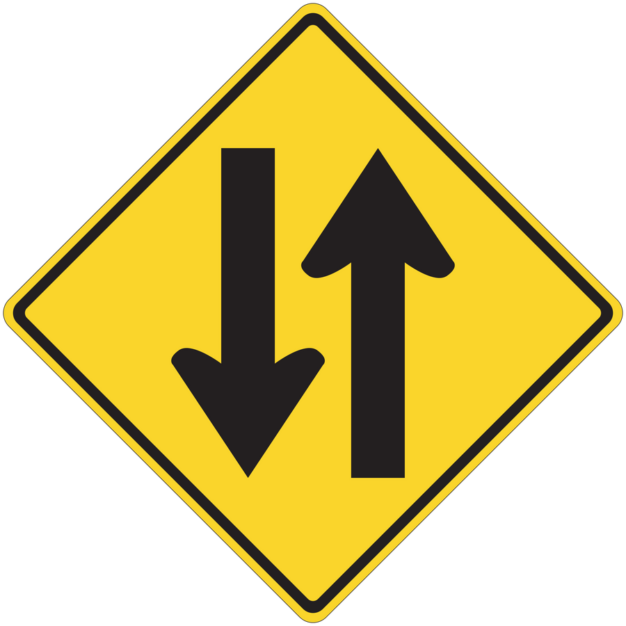 Road sign sticker: yellow diamond warning with up and down arrows