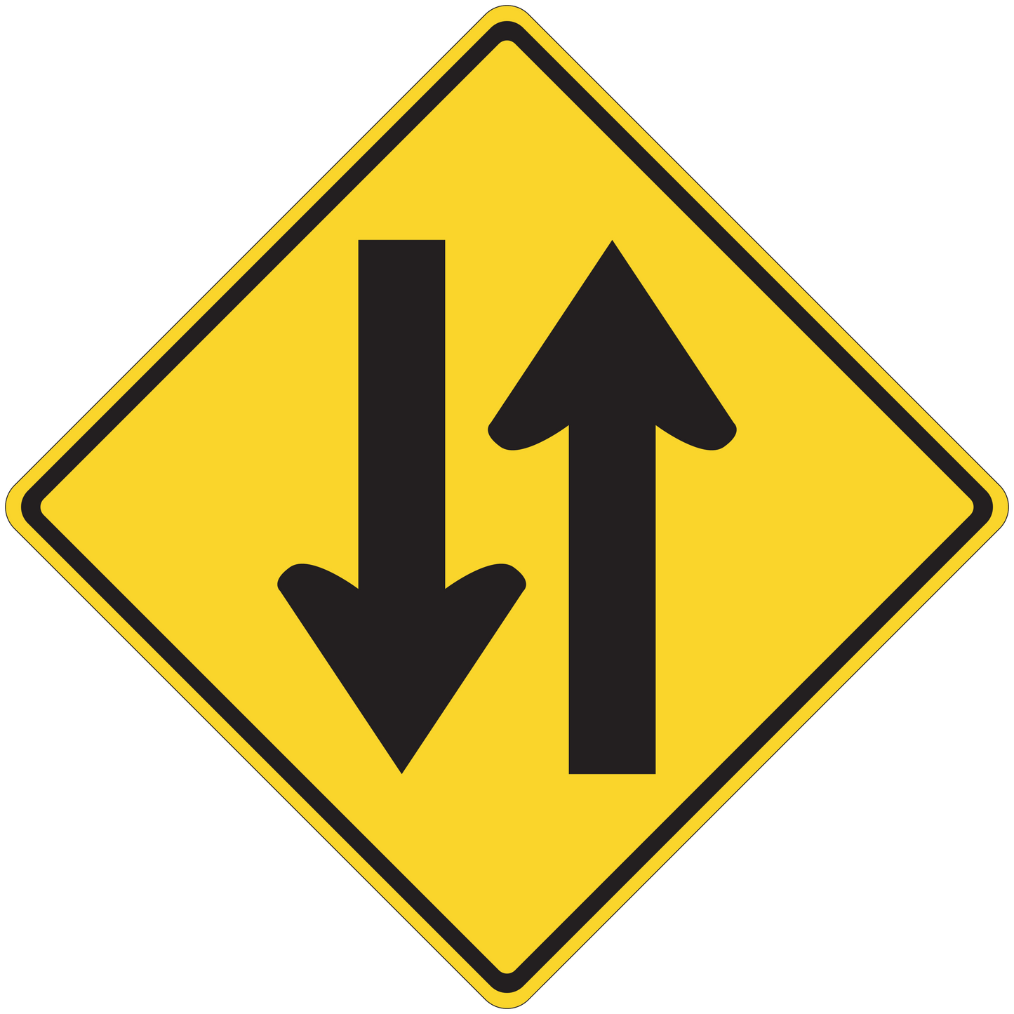 Road sign sticker: yellow diamond warning with up and down arrows