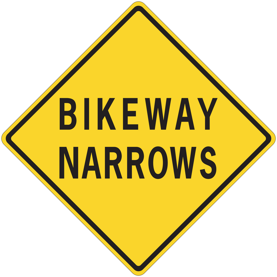 Yellow diamond Bikeway Narrows road sign sticker with black border and text
