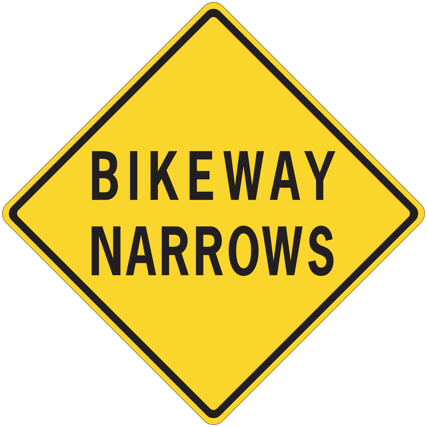 Yellow diamond Bikeway Narrows road sign sticker with black border and text