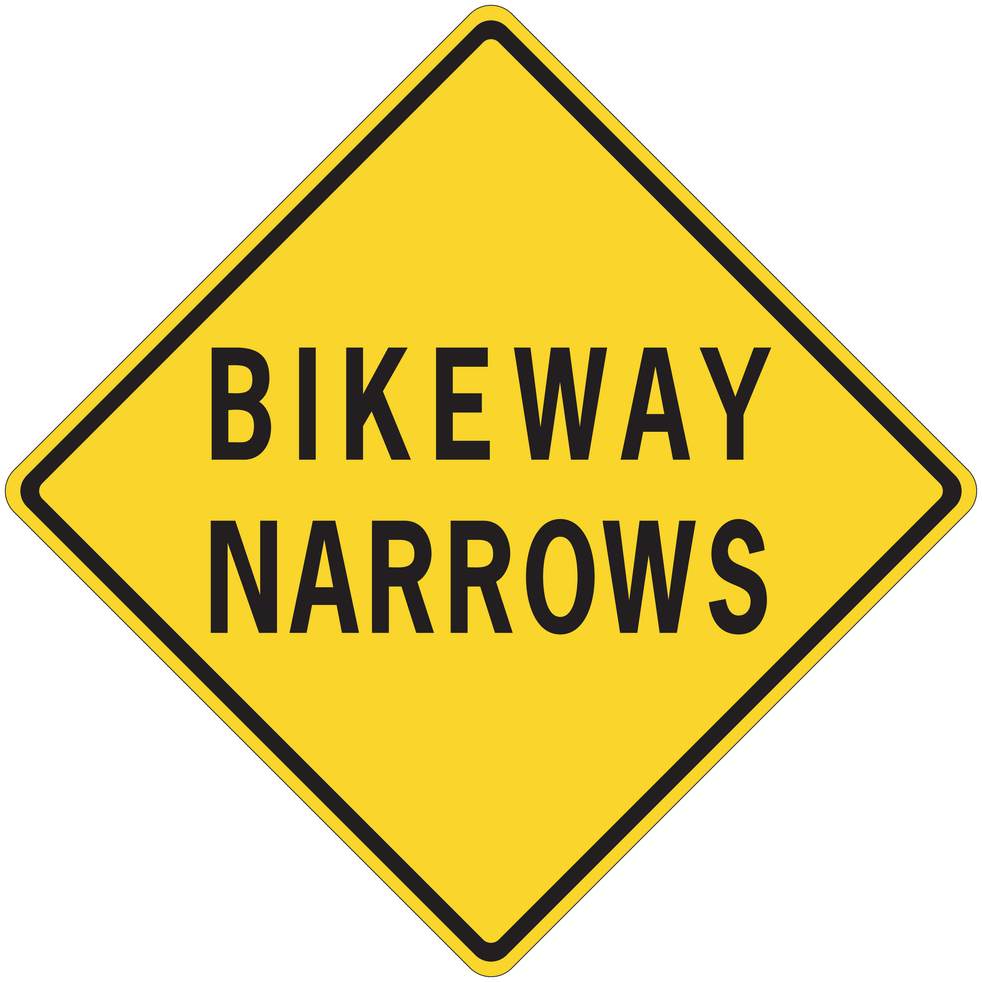 Yellow diamond Bikeway Narrows road sign sticker with black border and text