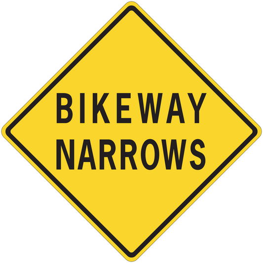 Yellow diamond Bikeway Narrows road sign sticker with black border and text