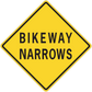 Yellow diamond Bikeway Narrows road sign sticker with black border and text