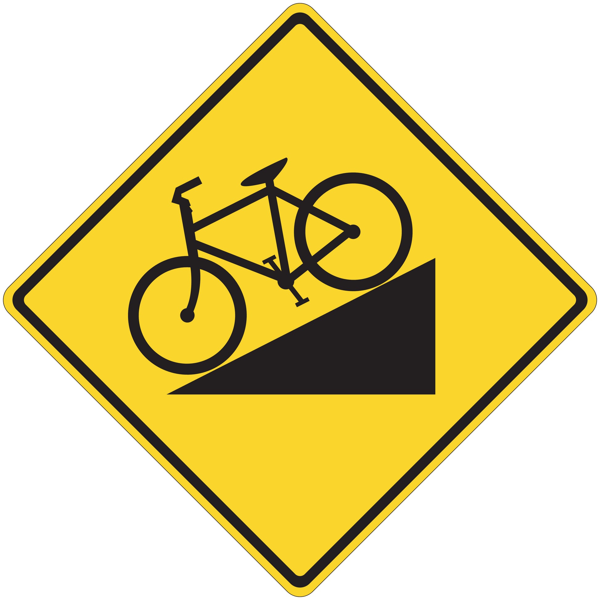 Road sign sticker, yellow diamond with black bicycle and curved road arrow