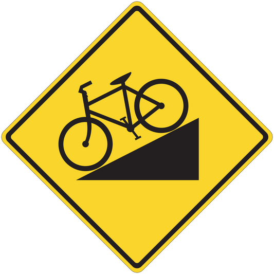 Road sign sticker, yellow diamond with black bicycle and curved road arrow