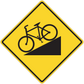 Road sign sticker, yellow diamond with black bicycle and curved road arrow