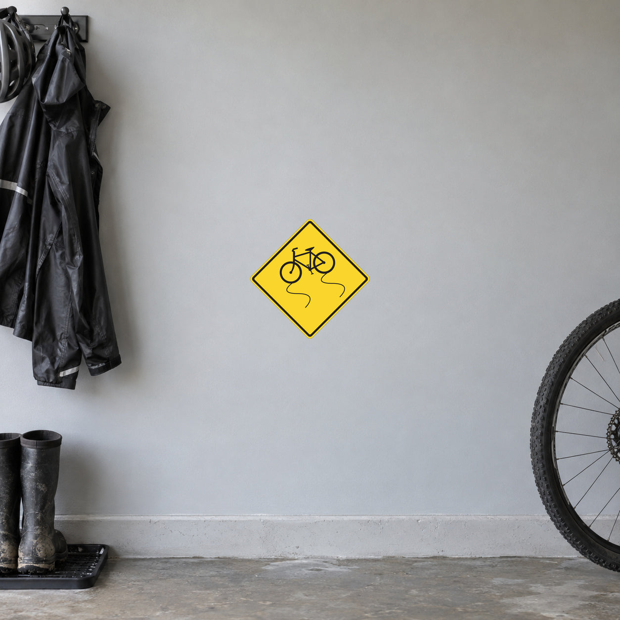 Yellow road sign sticker with bicycle icon inside a diamond