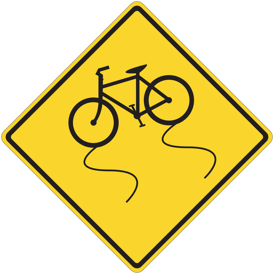 Road sign sticker: yellow diamond with black border and cyclist icon.