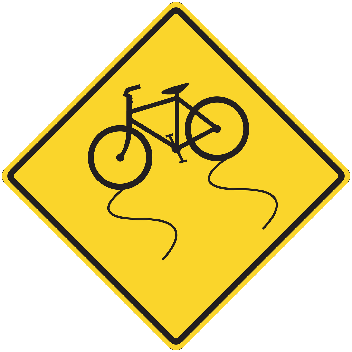 Road sign sticker: yellow diamond with black border and cyclist icon.