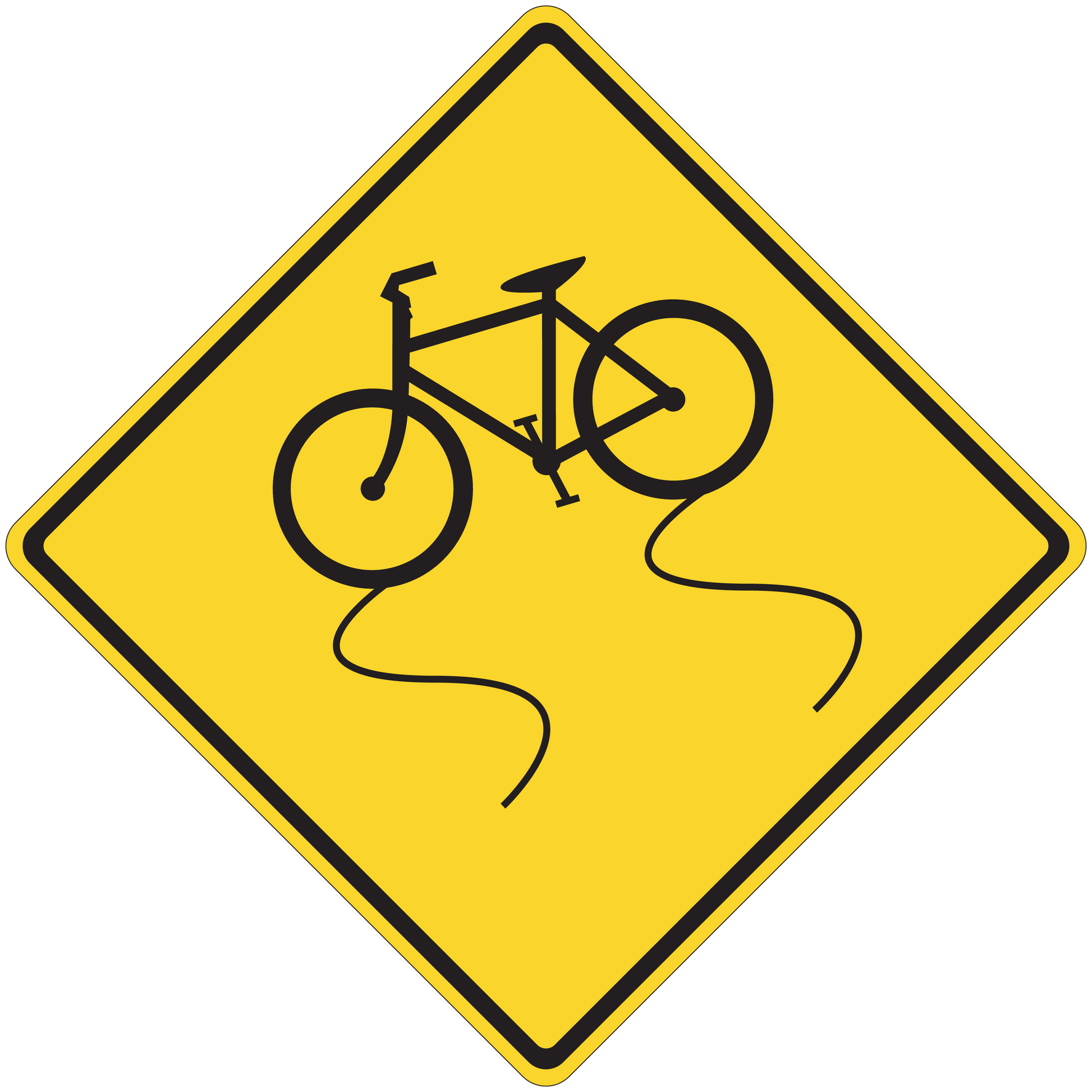 Road sign sticker: yellow diamond with black border and cyclist icon.