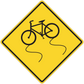 Road sign sticker: yellow diamond with black border and cyclist icon.