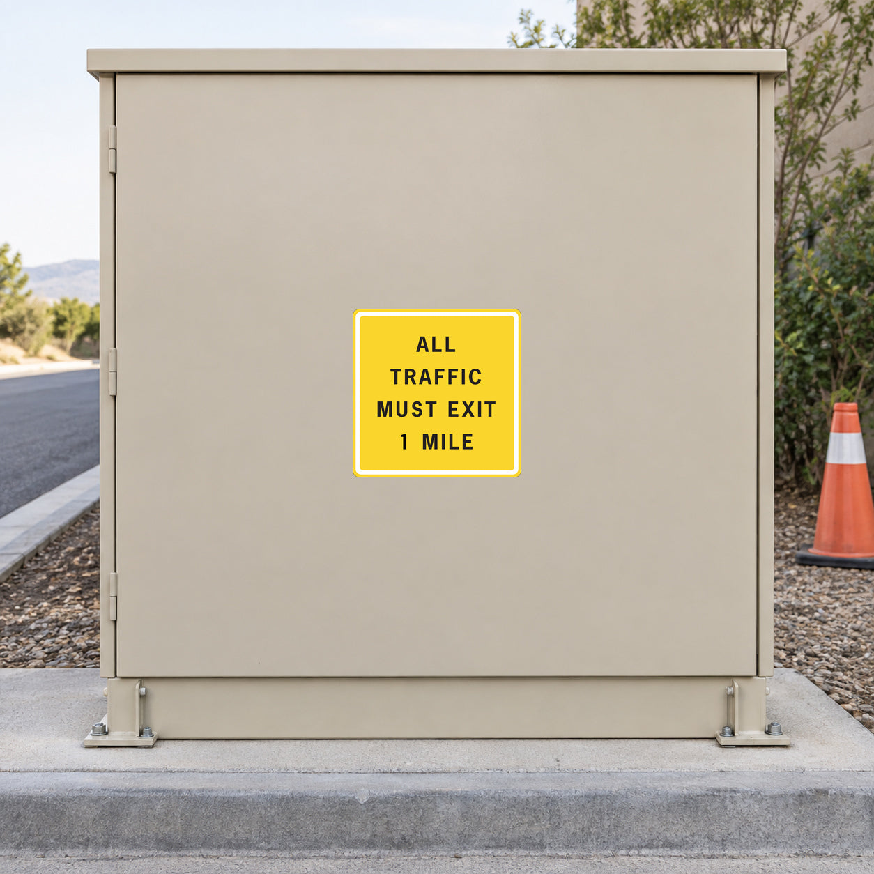 Road sign sticker with yellow border and text: ALL TRAFFIC MUST EXIT 1 MILE