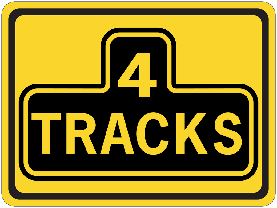 Yellow road sign sticker with bold "4 TRACKS" and thick black border