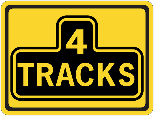Yellow road sign sticker with bold "4 TRACKS" and thick black border