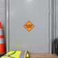 Road sign sticker with yellow diamond warning reading “ACCIDENT AHEAD”