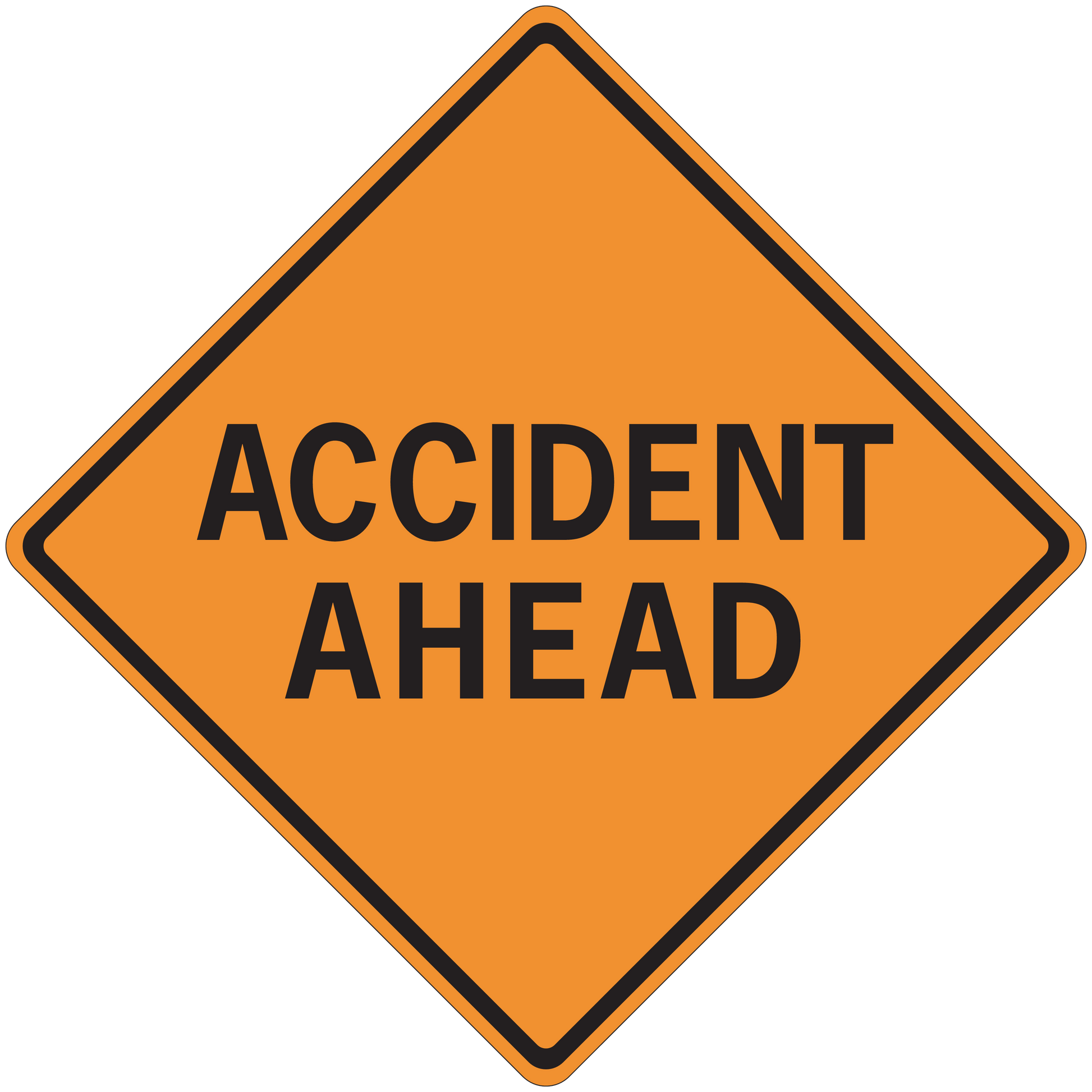 Road sign sticker: orange diamond warning with black border and text “ACCIDENT AHEAD”