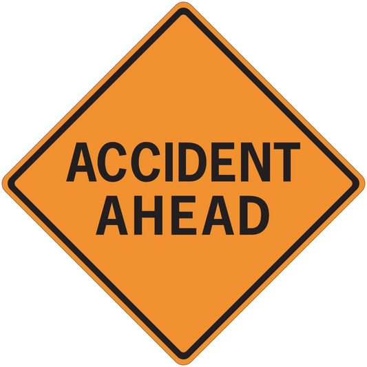 Road sign sticker: orange diamond warning with black border and text “ACCIDENT AHEAD”
