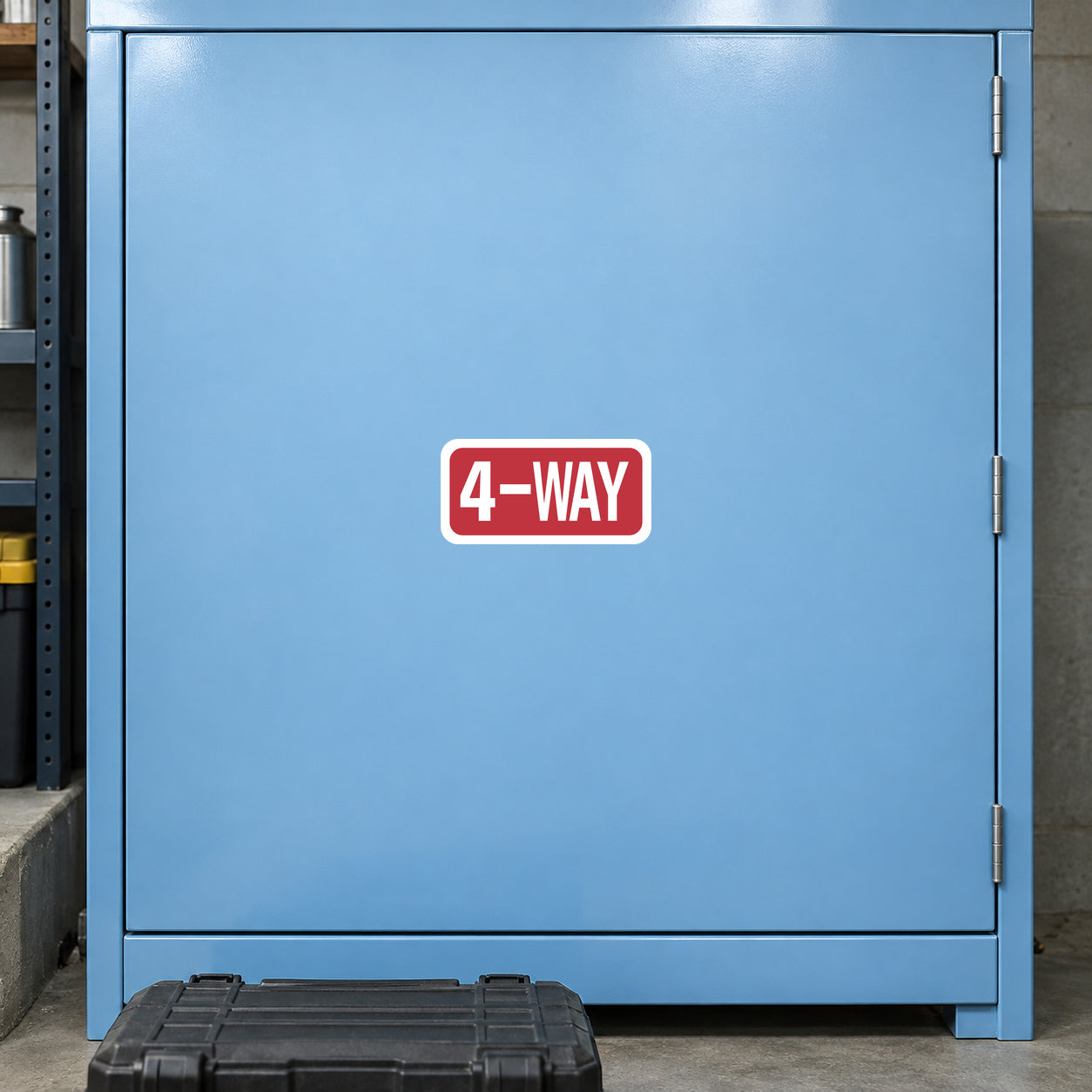 Road sign sticker with red 4-WAY label and white border