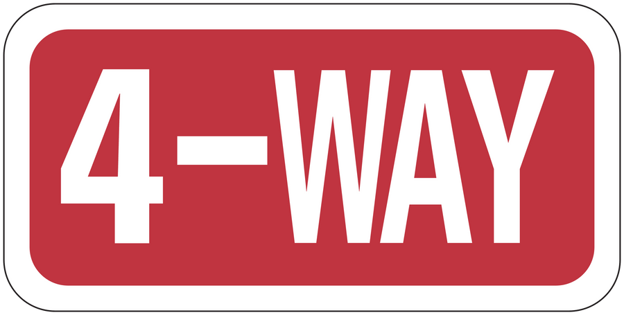 Road sign sticker, red rectangle with white border and '4-WAY' text