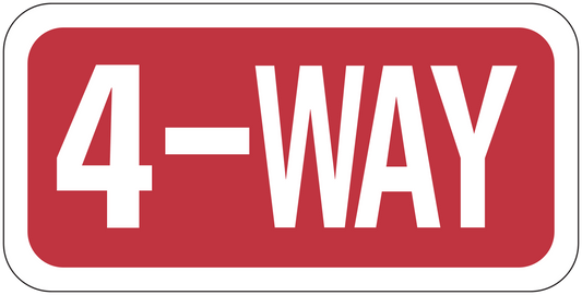 Road sign sticker, red rectangle with white border and '4-WAY' text