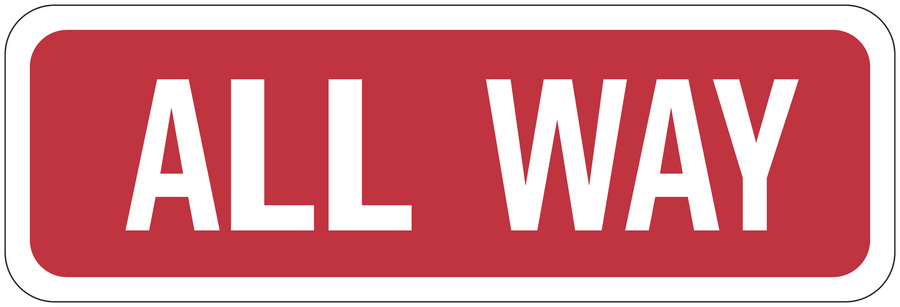 Red road sign sticker with white border and 'ALL WAY' text