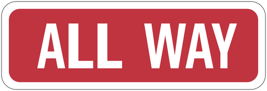 Red road sign sticker with white border and 'ALL WAY' text