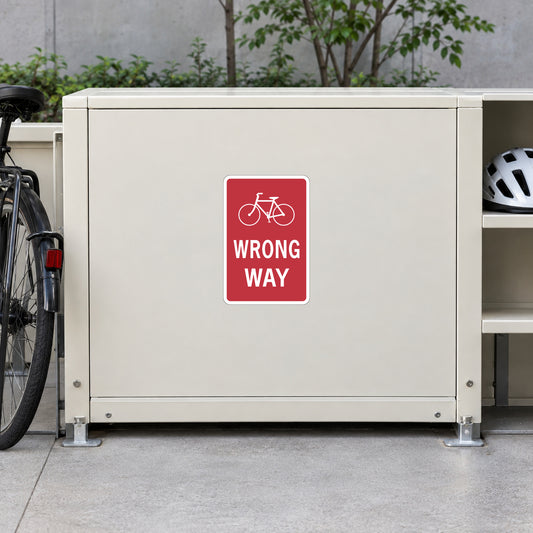 Red bicycle road sign sticker reading 'WRONG WAY'