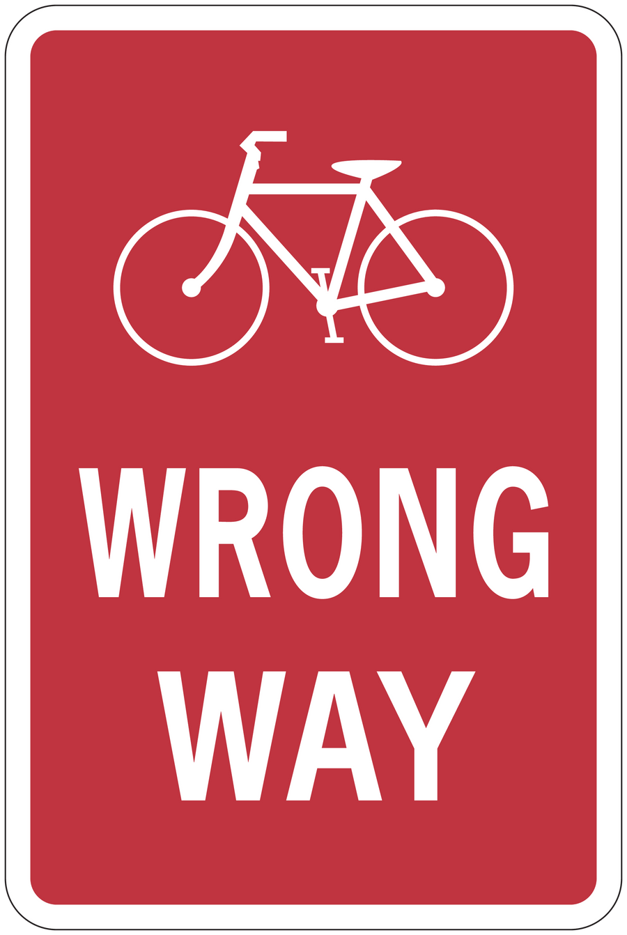 Red road sign sticker with bicycle icon and 'WRONG WAY' text