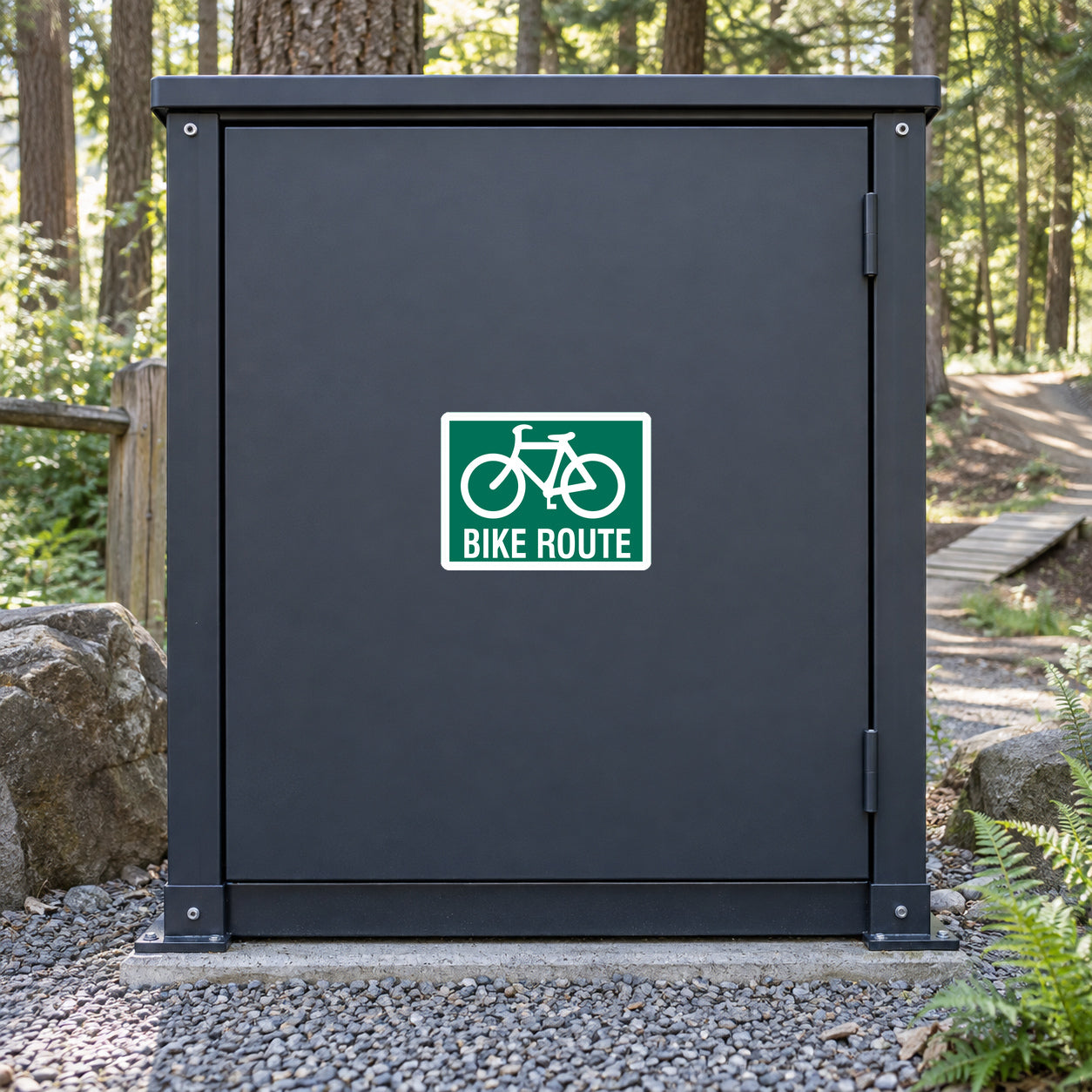 Bike route road sign sticker with bicycle icon and green text on a framed board