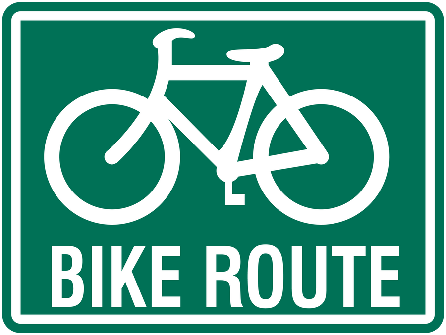 Bike route road sign sticker, green with white bike icon and “BIKE ROUTE” text