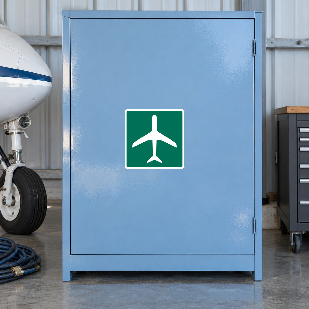 Airplane road sign sticker, blue background with green square and white plane icon