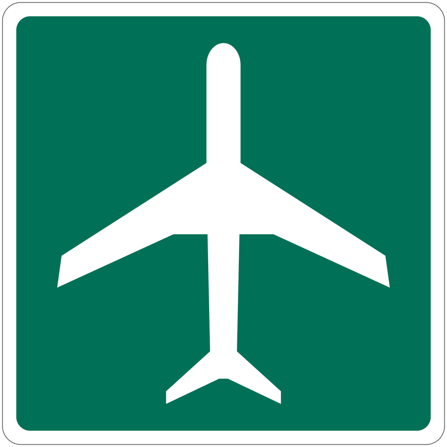 Road sign sticker with white airplane icon on green square