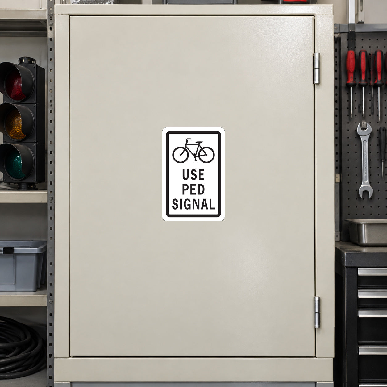 Road sign sticker with bike icon and 'USE PED SIGNAL' text