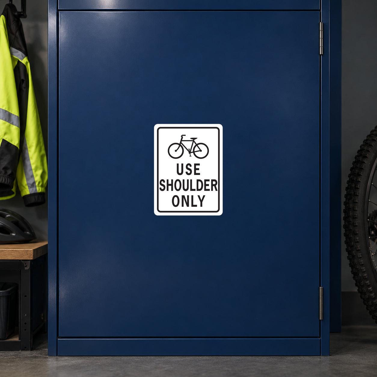 Road sign sticker: white square with bike icon and 'USE SHOULDER ONLY' text