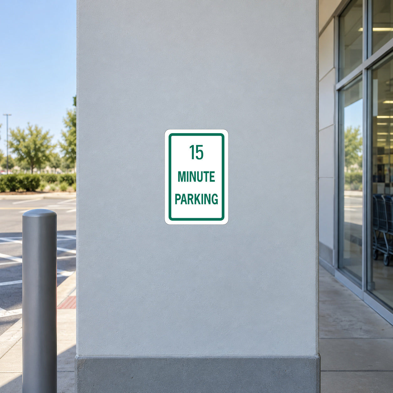 Road sign sticker: 15 Minute Parking, white square with green border and text