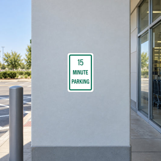 Road sign sticker: 15 Minute Parking, white square with green border and text